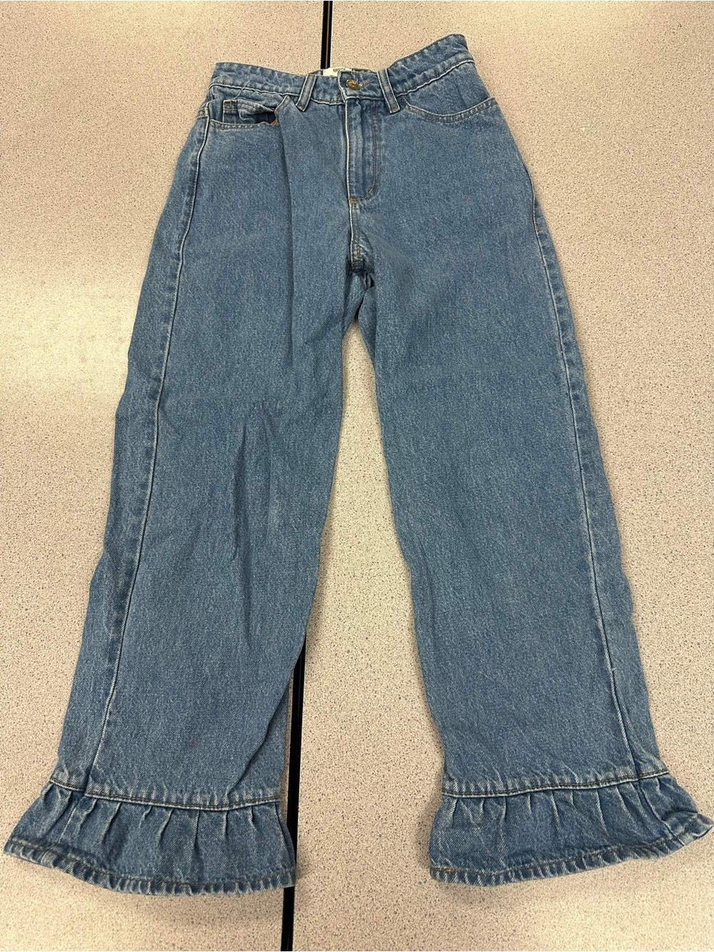 TACH Denim Ruffle-Hem Wide Leg Jeans in Blue